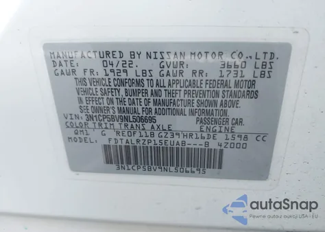 2022 Nissan Kicks S Xtronic Cvt из США, поврежденный, VIN 3N1CP5BV9NL506695